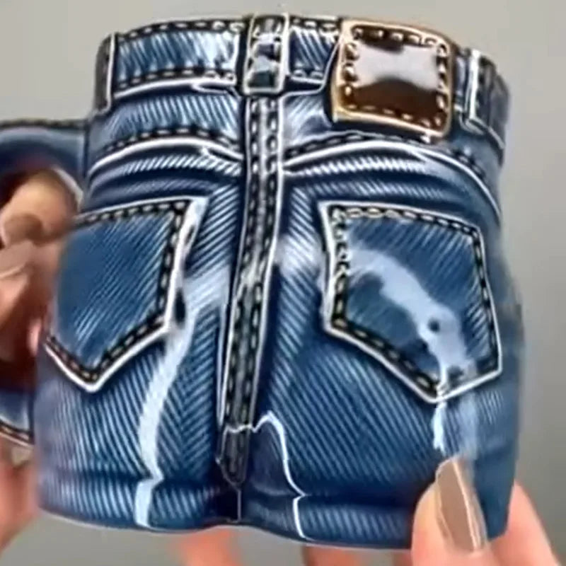 Taza de Cerámica con Diseño de Pantalón Vaquero en Relieve - Estilo Denim Retro